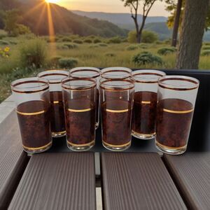 8 Vintage Culver Tortoiseshell Brazilian Brown Highball Glasses 22K Gold Barware